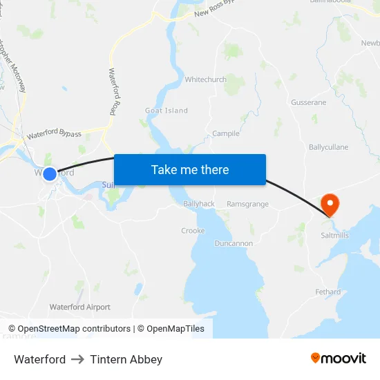 Waterford to Tintern Abbey map