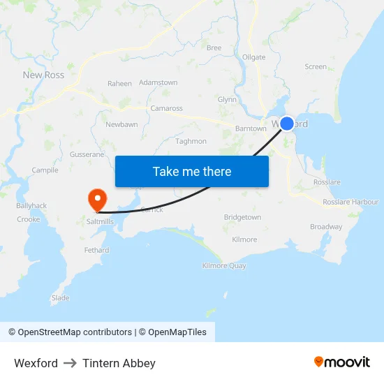 Wexford to Tintern Abbey map