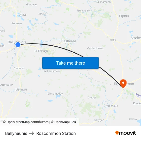 Ballyhaunis to Roscommon Station map