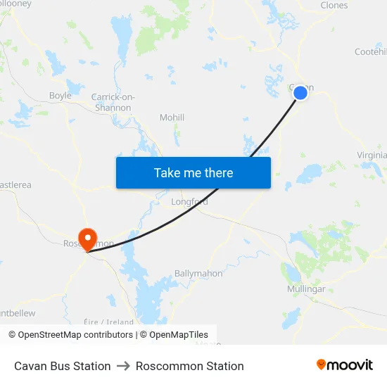 Cavan Bus Station to Roscommon Station map