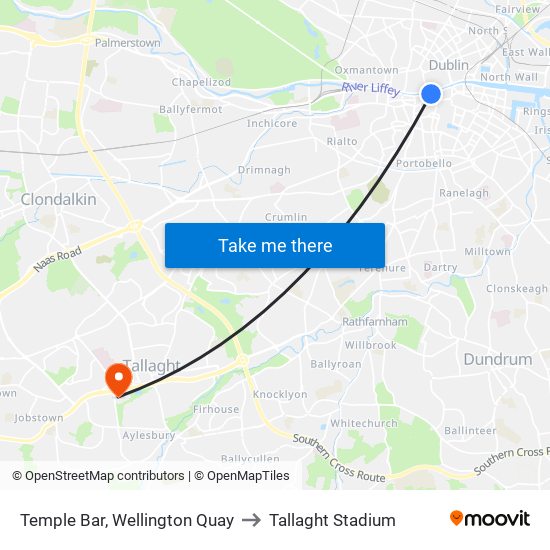 Temple Bar, Wellington Quay to Tallaght Stadium map