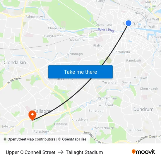 Upper O'Connell Street to Tallaght Stadium map