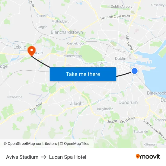Aviva Stadium to Lucan Spa Hotel map