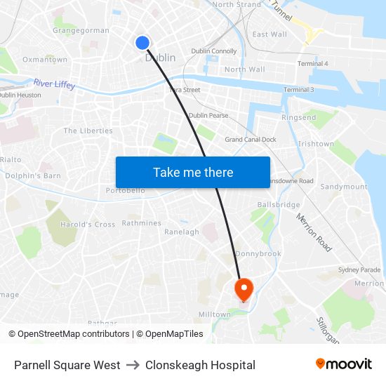 Parnell Square West to Clonskeagh Hospital map
