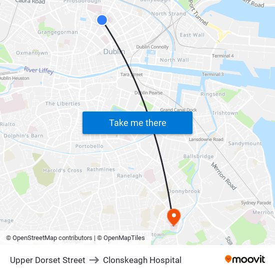 Upper Dorset Street to Clonskeagh Hospital map