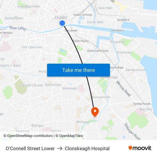O'Connell Street Lower to Clonskeagh Hospital map