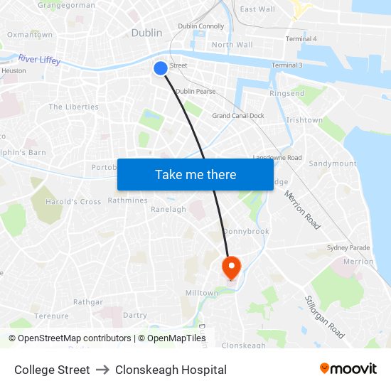 College Street to Clonskeagh Hospital map