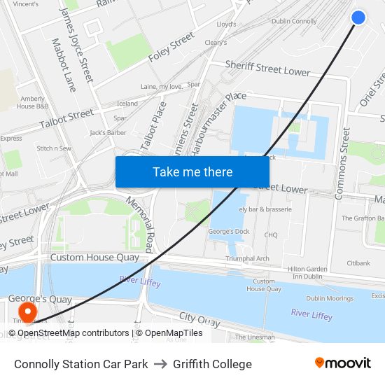 Connolly Station Car Park to Griffith College map