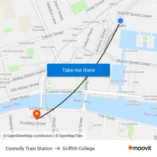 Connolly Train Station to Griffith College map
