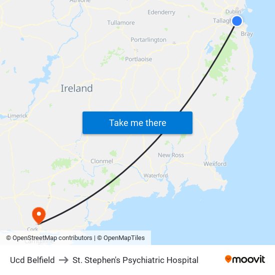 Ucd Belfield to St. Stephen's Psychiatric Hospital map