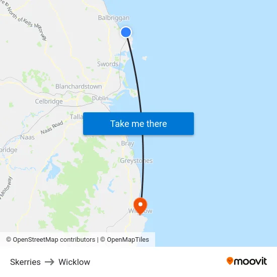 Skerries to Wicklow map