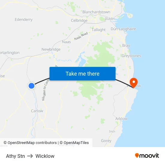 Athy Stn to Wicklow map