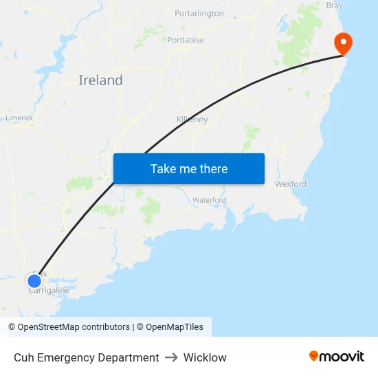 Cuh Emergency Department to Wicklow map