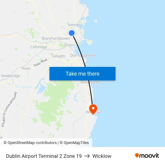 Dublin Airport Terminal 2 Zone 19 to Wicklow map
