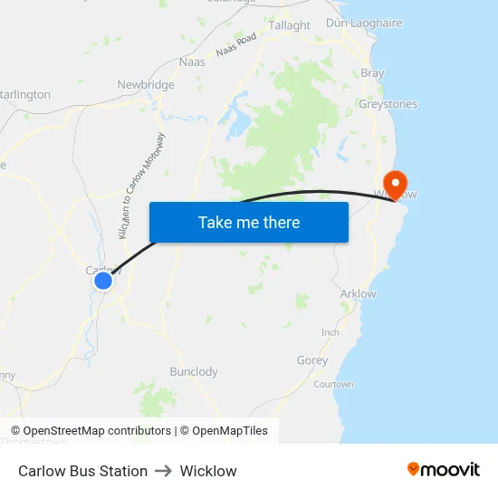 Carlow Bus Station to Wicklow map
