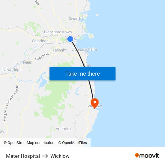 Mater Hospital to Wicklow map