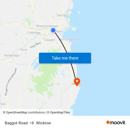 Baggot Road to Wicklow map
