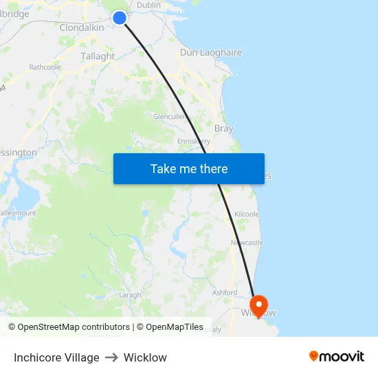Inchicore Village to Wicklow map
