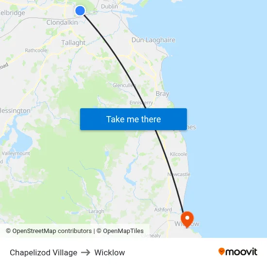 Chapelizod Village to Wicklow map