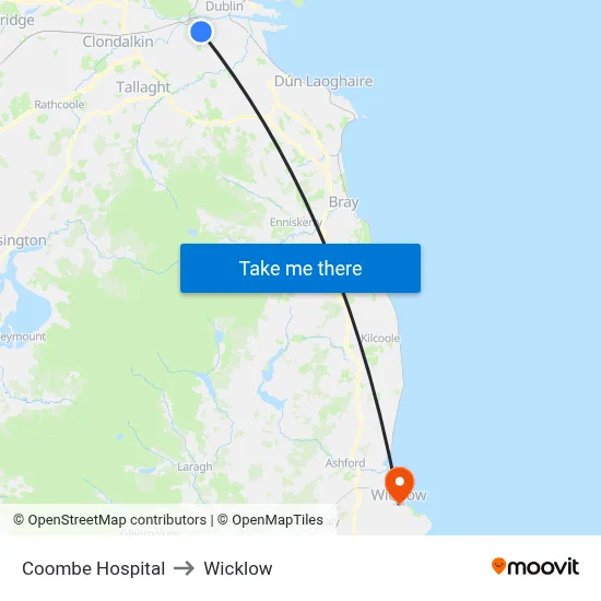Coombe Hospital to Wicklow map