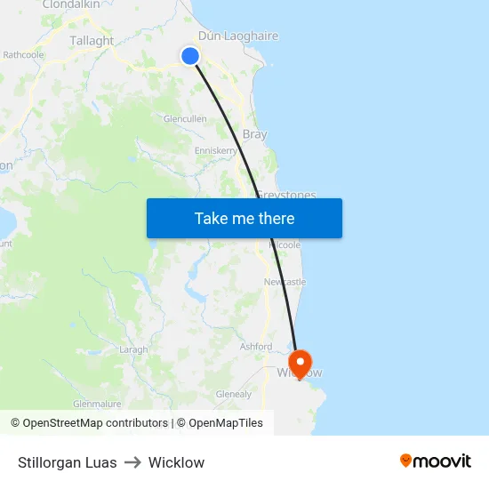 Stillorgan Luas to Wicklow map