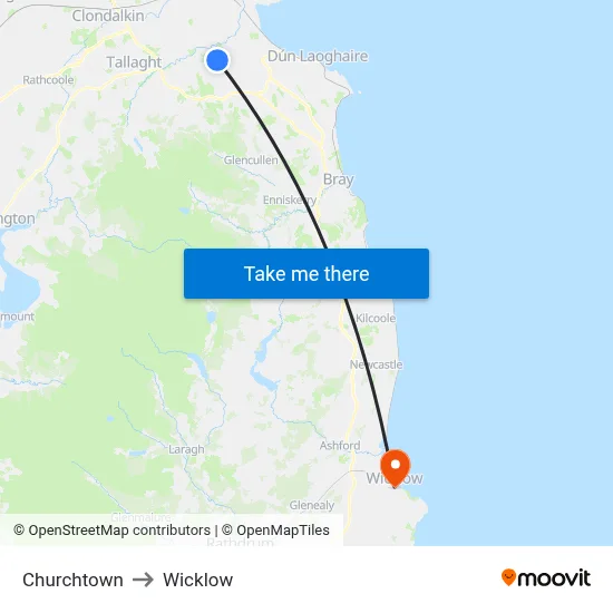 Churchtown to Wicklow map