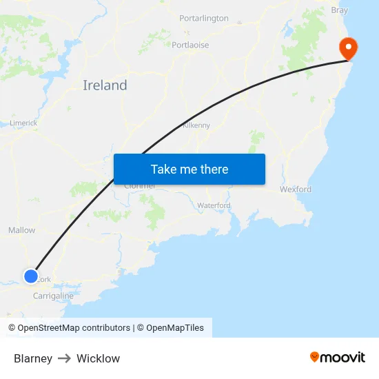 Blarney to Wicklow map