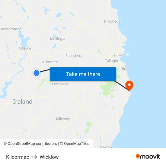 Kilcormac to Wicklow map