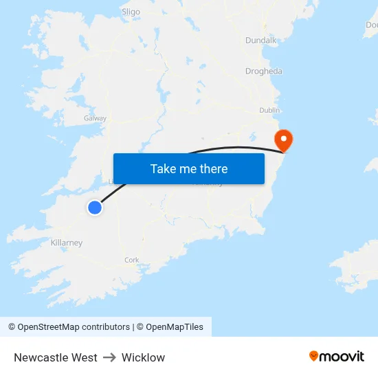 Newcastle West to Wicklow map