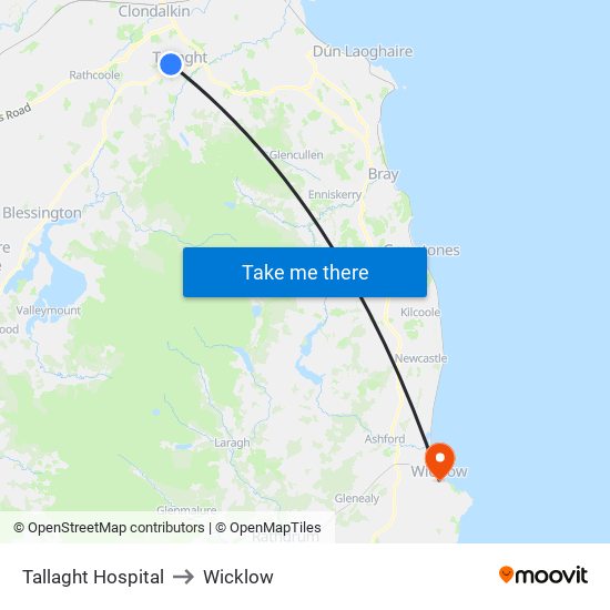 Tallaght Hospital to Wicklow map