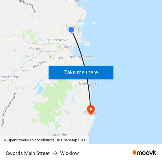 Swords Main Street to Wicklow map