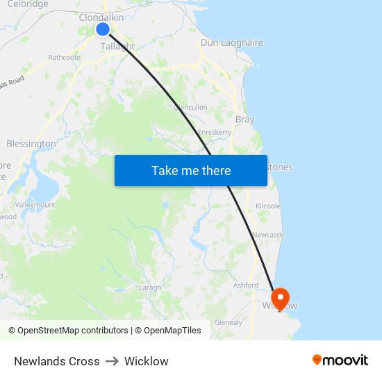 Newlands Cross to Wicklow map