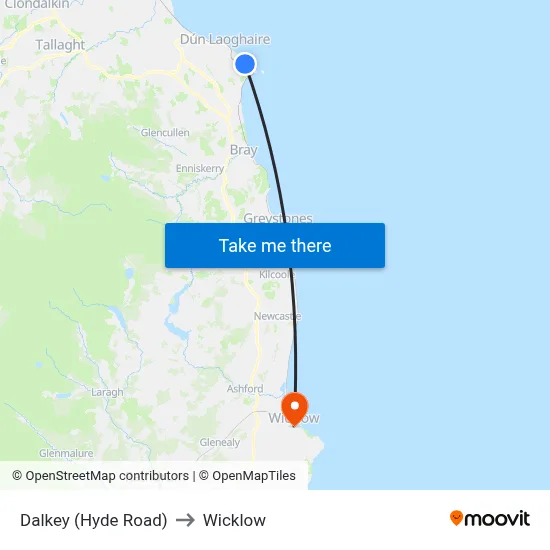 Dalkey (Hyde Road) to Wicklow map