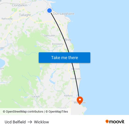 Ucd Belfield to Wicklow map