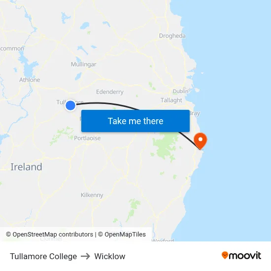 Tullamore College to Wicklow map