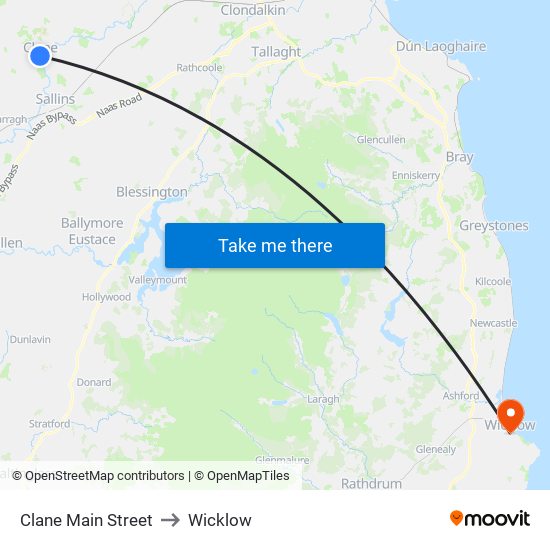 Clane Main Street to Wicklow map