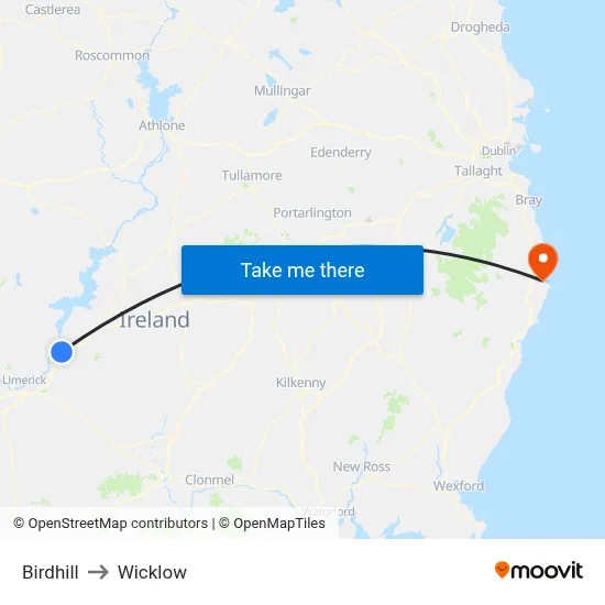 Birdhill to Wicklow map