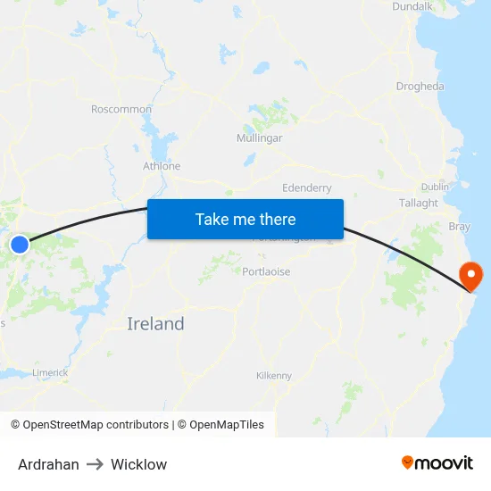 Ardrahan to Wicklow map
