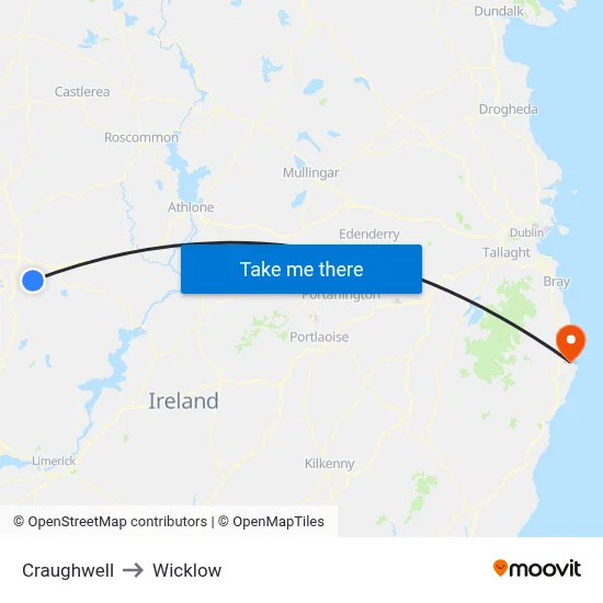 Craughwell to Wicklow map