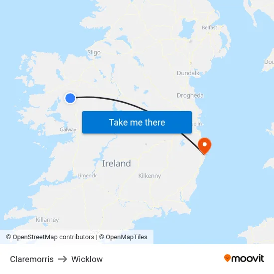 Claremorris to Wicklow map