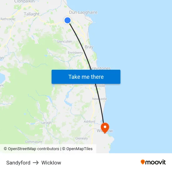Sandyford to Wicklow map