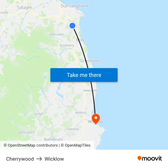 Cherrywood to Wicklow map