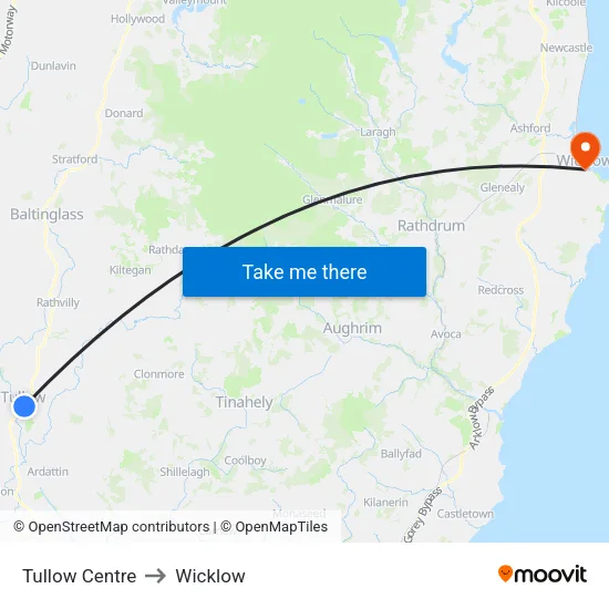 Tullow Centre to Wicklow map