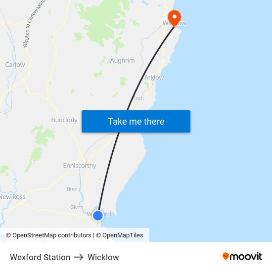 Wexford Station to Wicklow map