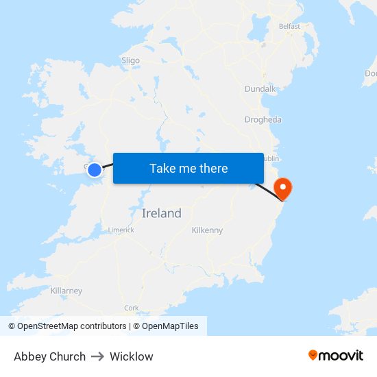 Abbey Church to Wicklow map