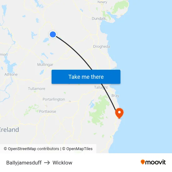 Ballyjamesduff to Wicklow map