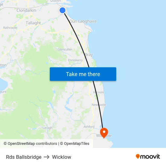 Rds Ballsbridge to Wicklow map