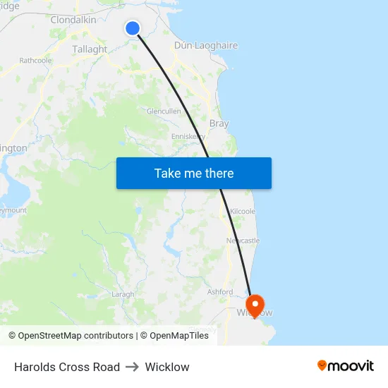 Harolds Cross Road to Wicklow map