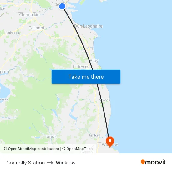 Connolly Station to Wicklow map