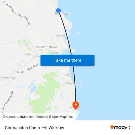 Gormanston Camp to Wicklow map
